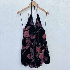 Maddy K Navy Velvet Floral Halter Mini Dress – Size L